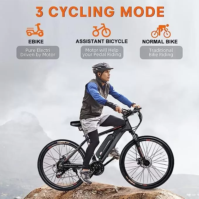 26'' Mountain Ebike 350W 36V/10.4AH Removable Lithium Battery, 2X Faster Charge Shimano 21 Speed and LCD Smart Meter