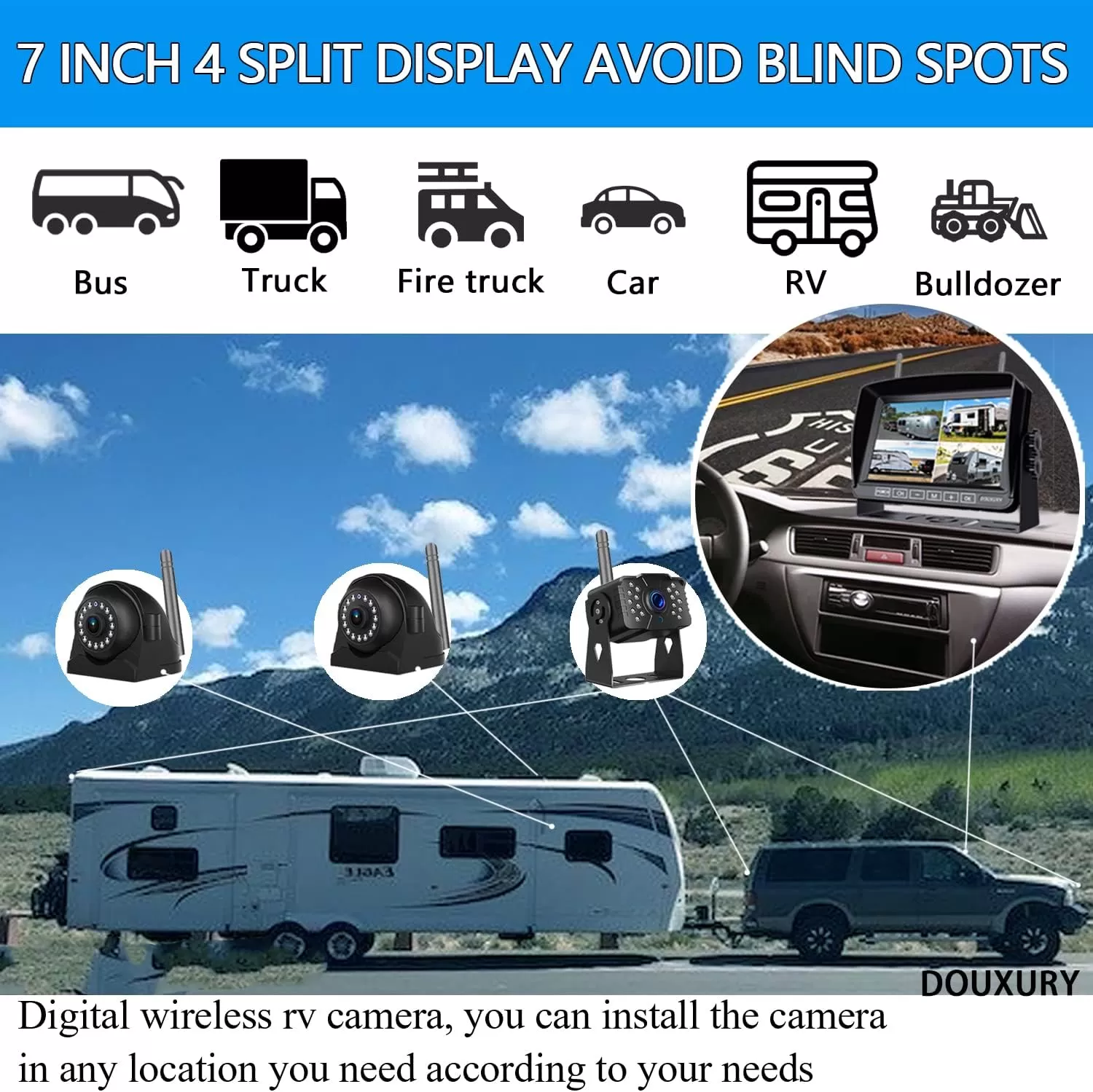 Wireless Backup Camera for RV Truck Trailer Camper Digital 3 Rear/Side View Cameras & HD 1080P 4 Splits 7