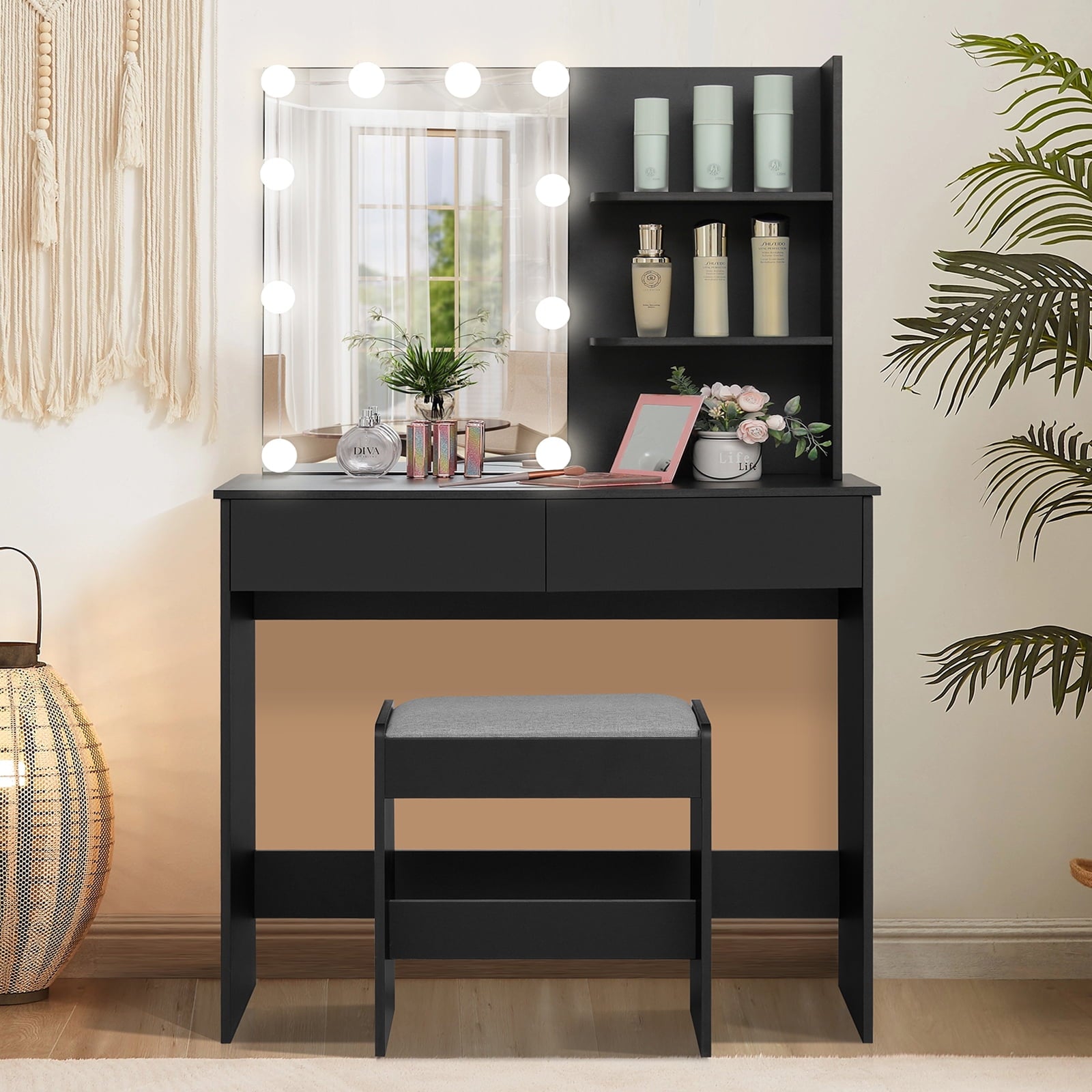 Lowest Prices - USIKEY Vanity Table Set for Gift with 10 Hollywood Style Lights, Dressing Vanity Table with 2 Long Shelves and 2 Big Drawers, Makeup Table with Cushioned Stool for Women, Girls, Bedroom, White