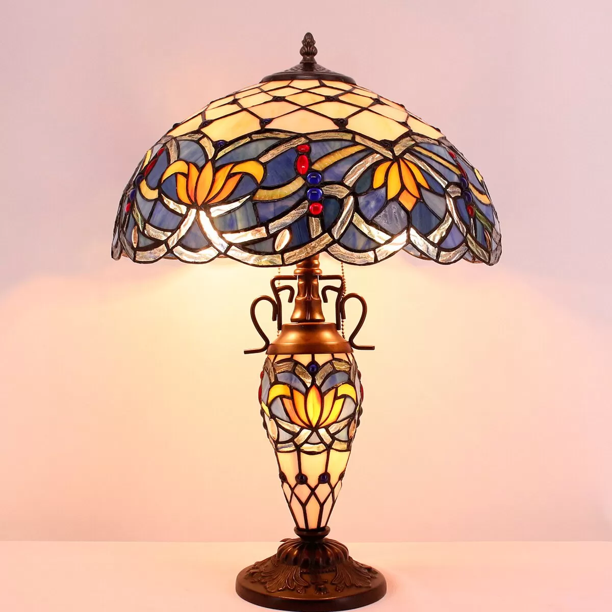 Tiffany Lamp With Nightlight Rustic Large Blue Stained Glass Lotus Table Lamp Desk 24