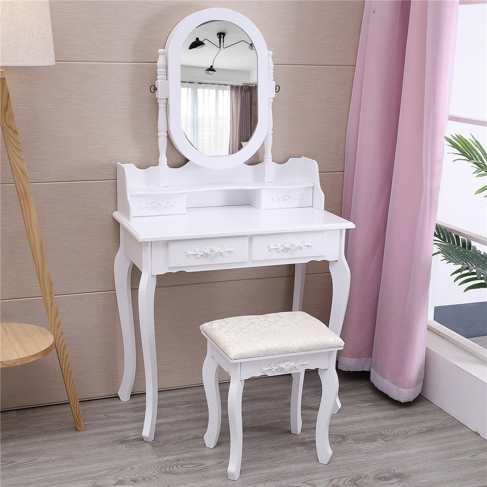 Lowest Prices - Ktaxon Vanity Jewelry Wooden Makeup Dressing Table Set W/Stool Mirror Cabinet &4 Drawer