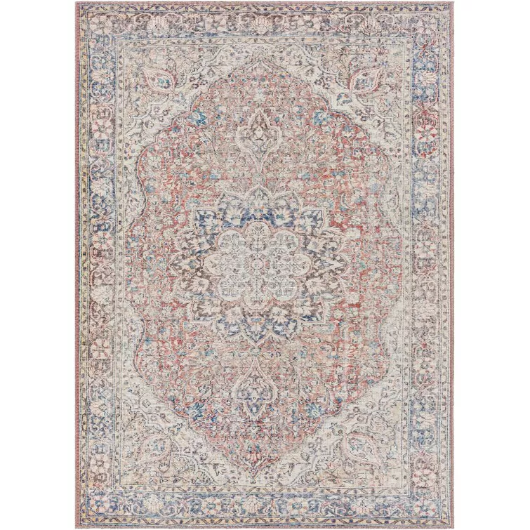 Bria Machine Washable Oriental Red/Blue/Ivory Area Rug