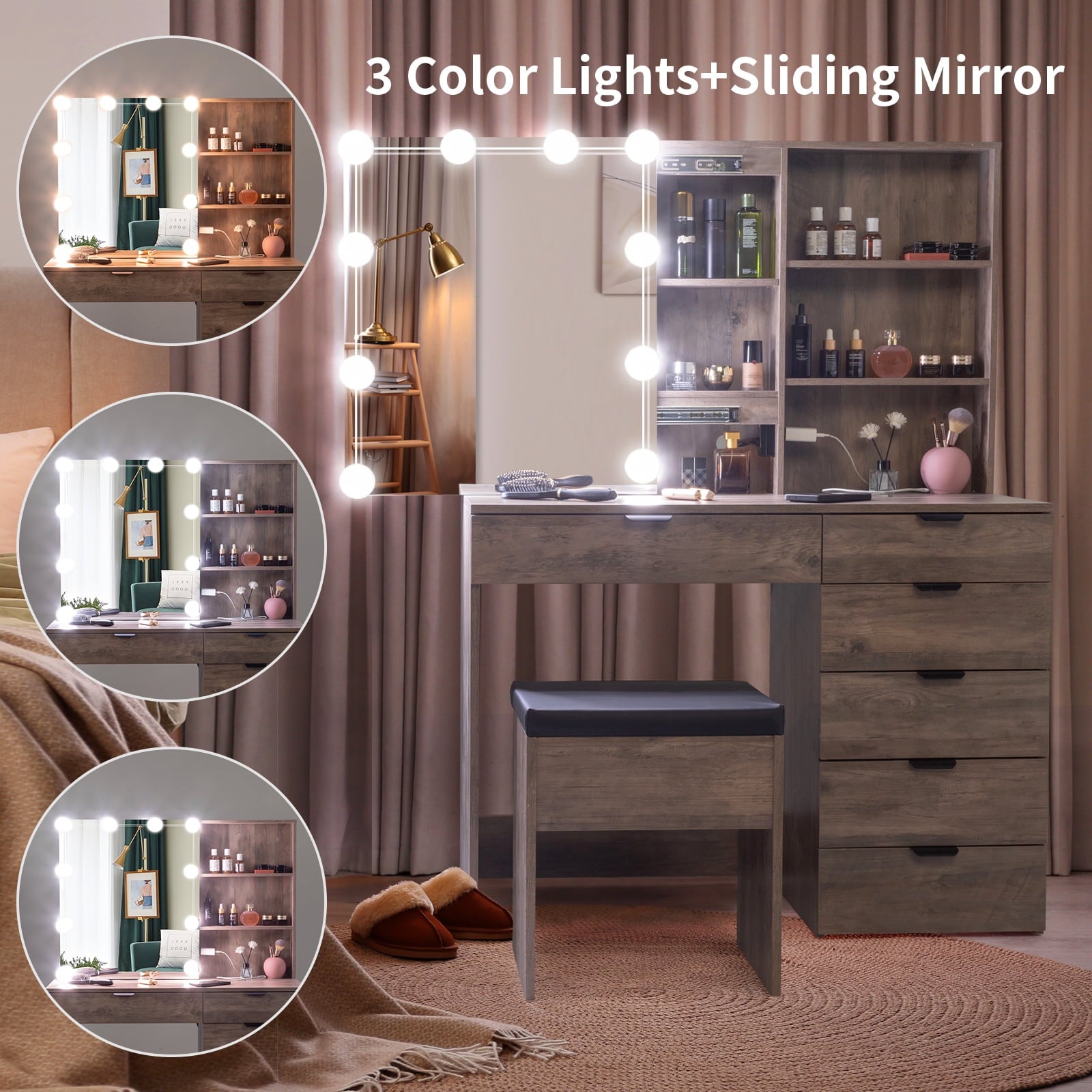 Lowest Prices - Ktaxon Vanity Set with 3 Color Lighted Mirror & Charging Station, Makeup Table with 6 Drawers, Dressing Table Makeup Desk with Stool,Retro Gray